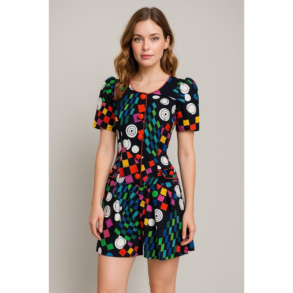 Vintage GO VICKI Romper Dress Multicolor Short Sleeve Pleats Resort Size Small